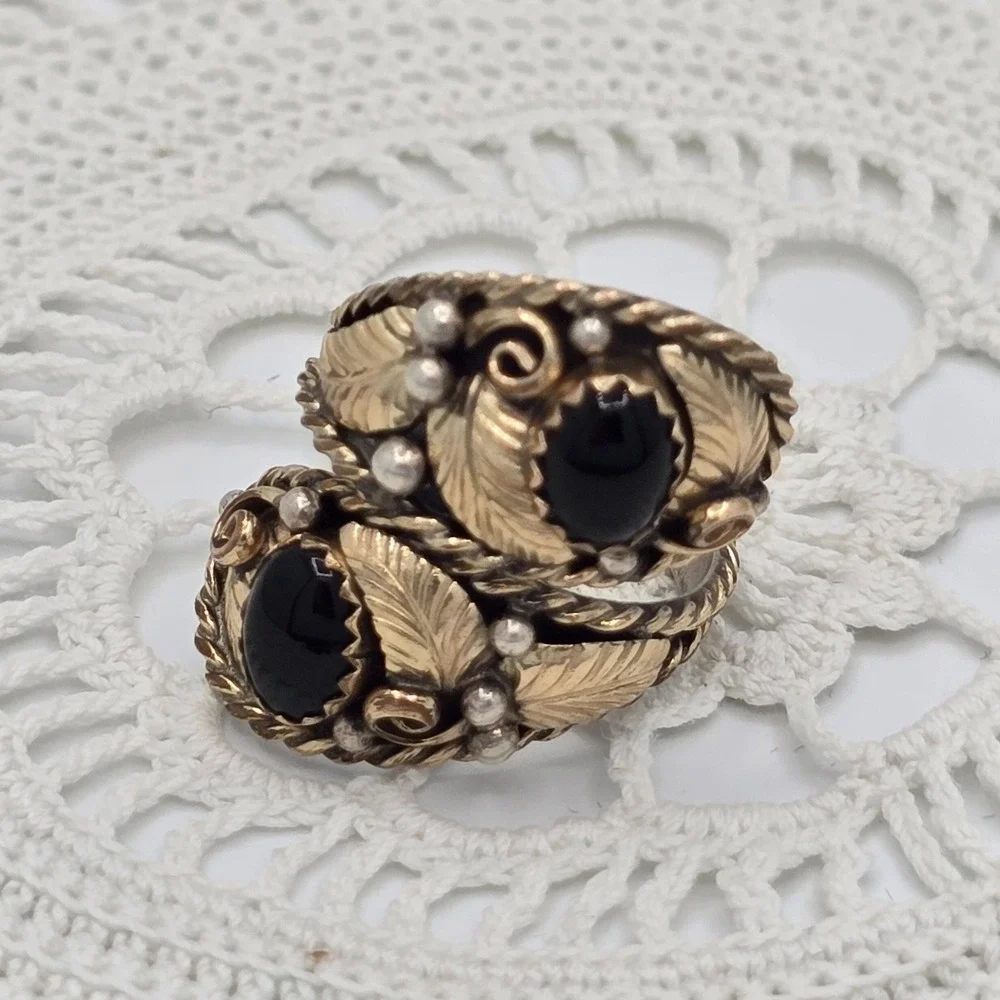 Vintage Bypass Ring Adjustable Size 4 12K Gold Filled Black Gemstone Seed Pearl